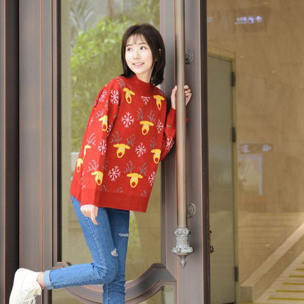

autumn winter new sweater high collar knit wild shirt elk pattern pullover fashion cotton padded waistcoats jumper female c129, White;black