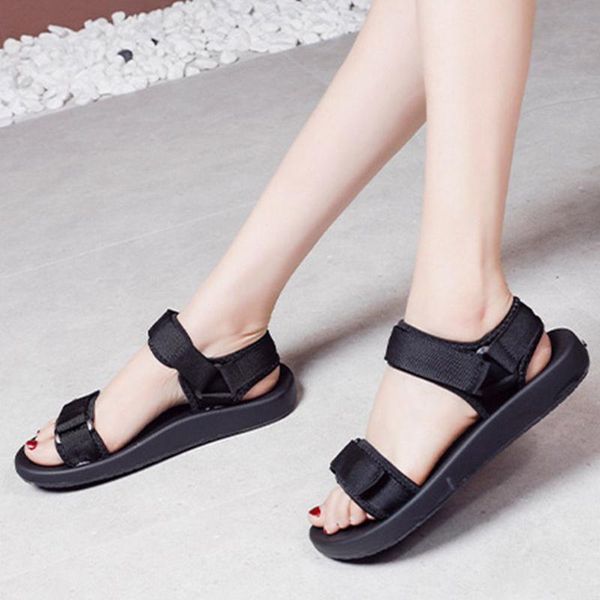 

doratasia leisure women solid hook loop open toe flat shoes casual beach daily handmade sandals women sandals, Black