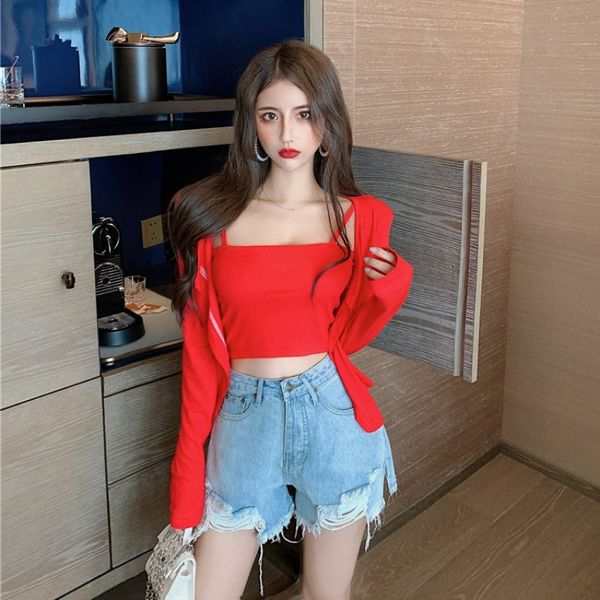 

sexy трикотажное двухсекционный 2020 новых длинными рукавами ice шелковый тонкий кардиган куртки камзол костюм женщин, Black;white