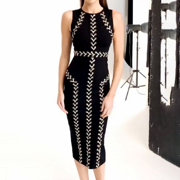 

rayon bandage bodycon dress sleeveless weave plait knee length dress black, Black;gray