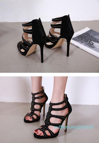 

new black rivets t strap gladiator sandals shoes fashion luxury designer women shoes high heels size 35 to 40 10r