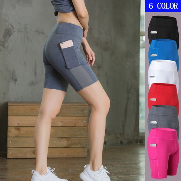 

2020 high waist elasticity yoga shorts women sport leggings workout out pocket mesh leggings fitness gym running shorts, White;red