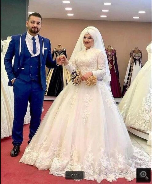 

elegant muslim wedding dresses high neck lace applique long sleeve arabic wedding gowns wedding dress 2020 robe de mariee b48, White