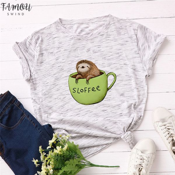 

women t shirt 100% cotton plus size short sleeve cute sloth and coffee print female cap sleeve vogue t shirt o neck, White