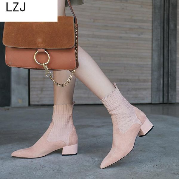 

2019 women's boots pointed toe yarn elastic thick heel high heels shoes woman female socks knitting ankle boots pink shoes black