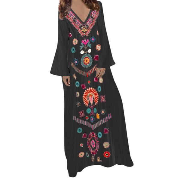 

chamsgend women's printed long sleeve v-neck maxi dress hem baggy kaftan long dress plus size summer maxi dresses c3058, Black;gray