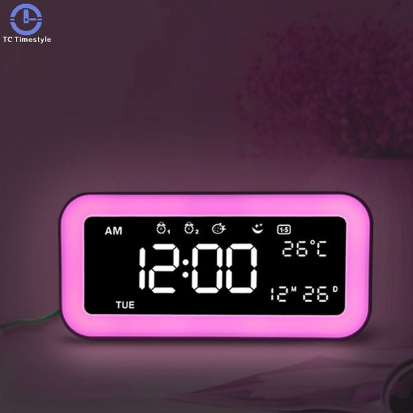 

electronic digital alarm clock led backlight display temperature snooze bedroom dimmer deskclocks light dual usb charging