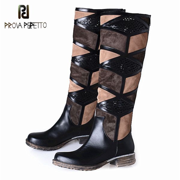 

prova perfetto autumn winter boots woman half knee boots low heels female fashion boot mixed color thick bottom knight shoes, Black