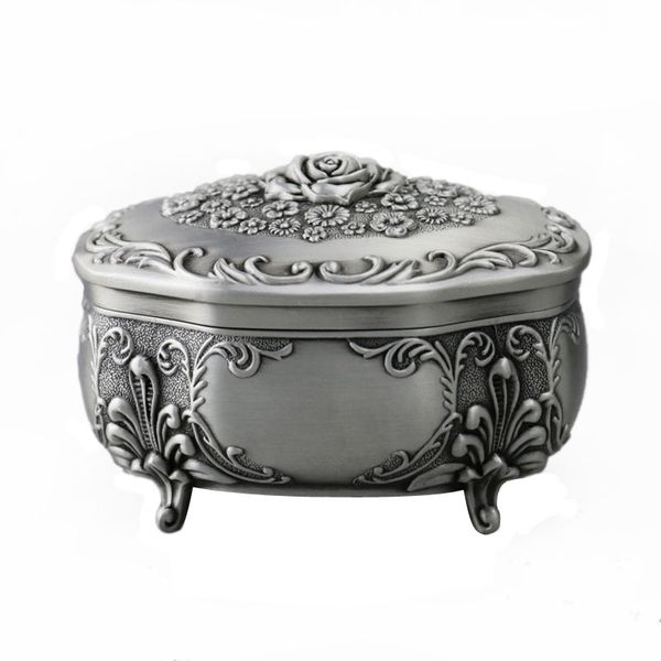 Romantik Oval Gül Oyma Mücevher Kılıfı Mücevher Kutusu Küçük Vintage Pewter Renk Metal Biblo Tabut Yüzük Küpe Kolye Düğün İyilik