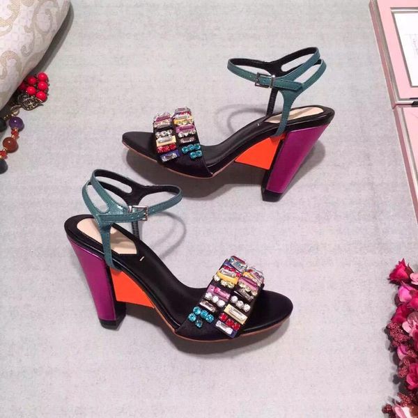 

new summer luxury designer women shoes high heels 9.5cm black dress shoes color diamonds genuine leather sandals shaped women shoes us11