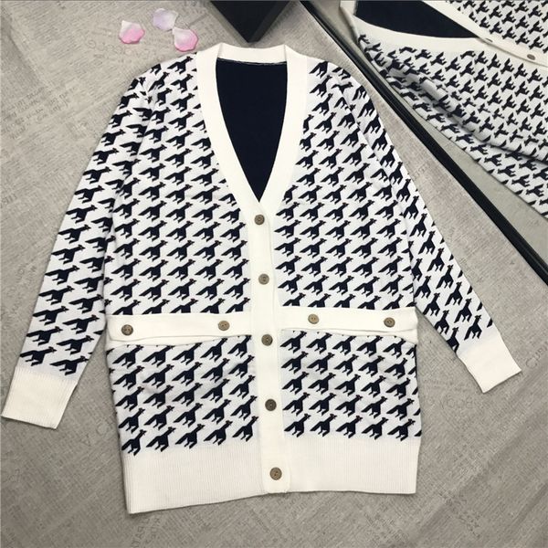 

50% wool sweater for women winter v neck houndstooth black white jacquard button warm loose knitted cardigans, White;black