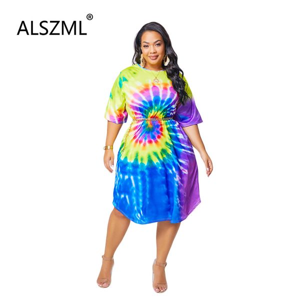 

large size fashion tie dye print women's high waist a-line dress o-neck summer new style big size chic bohemian style dress, White;black