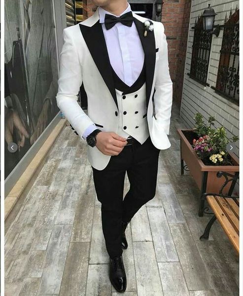 Smoking bianco smoking da uomo abiti da sposa maschile nera ridotto a punta uomo blazer 3 pari in forma maschio pantaloni a doppio petrolio pro285r