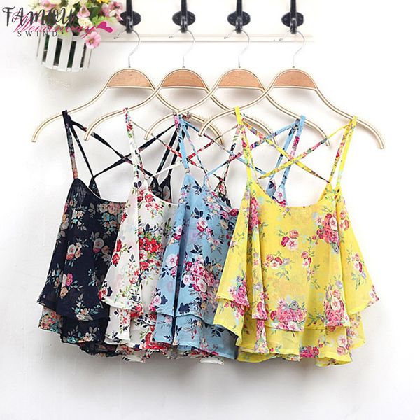 

womens clothing 2020 women fashion chiffon shirt cross strap ruffles sleeveless floral printed shirts blouses, White
