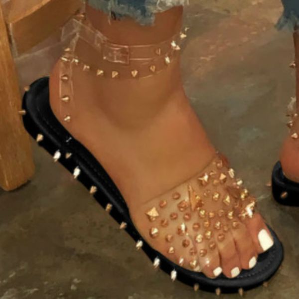 

women summer new sandals flat heel rivet platform peep toe ankle buckle 2020 fashion punk beach ladies shoes zapatos de mujer, Black