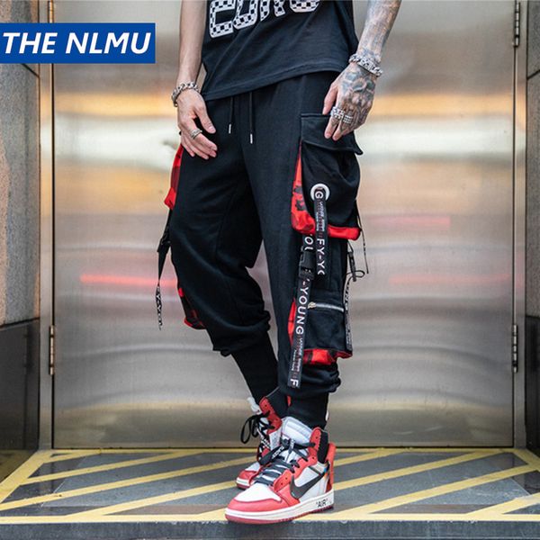 

hip hop ribbons cargo pants men joggers pants streetwear men 2019 fashion mens elastic waist pant ribbons cotton black hw203