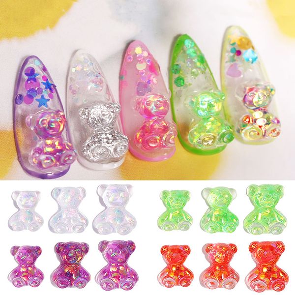 

3шт 3d малый медведь смолы ногтей украшения смешанный размер aurora uv gel аксессуары для ногтей с блестками jelly украшения для маникюра, Silver;gold