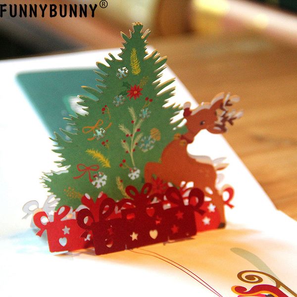 

funnybunny 3d up reindeer card with tree greeting laser paper new year message postcard