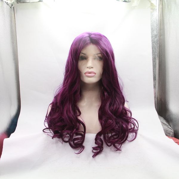 Parrucca anteriore in pizzo pieno brasiliano viola di alta qualità 180% Densità cosplay Parrucca di capelli sintetici attaccatura dei capelli naturale prepizzicata per le donne