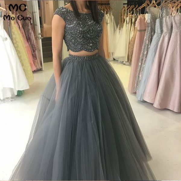 

2019 two pieces gown evening dresses long with crystals floor length tulle backless formal evening party dress custom made, White;black