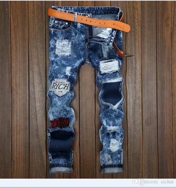 

fashion mens badge ripped straight leg jeans designer slim fit blenched denim pnats biker rich patchwork trousres hip hop jb161, Blue