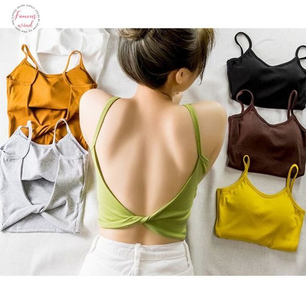 

women backless twist knot camisole lady summer bight solid color padded tank casual basic slim solid fit sling vest beachwear, White