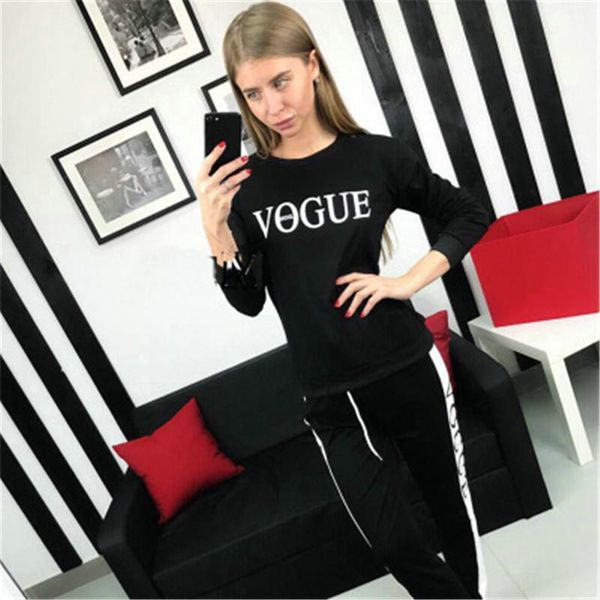 

vogue designer women tracksuits fashion round neck alphabet printing suits new spring autumn female long sleeve two piece sets, Gray