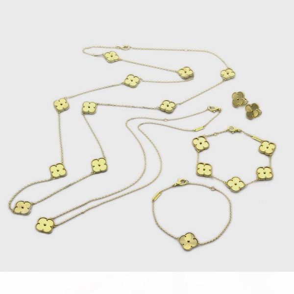 

europe americ jewelry sets lady brass vintage motifs engrave grain golden four leaf flower 18k gold necklaces bracelet earrings sets 2 color, Silver