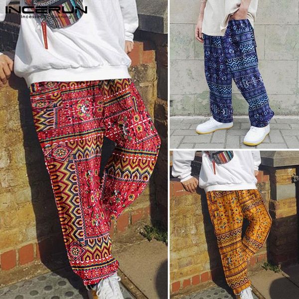 

incerun мода этническом стиле мужчины printed elastic талии брюки прямые ретро хлопок повседневный гарем брюки мужчины street pant joggers, Black