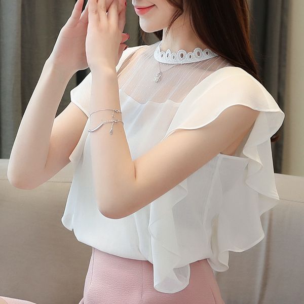 

2019 summer wear new style chiffon shirt fashion sweet solid color gauze joint sweater fashion, White