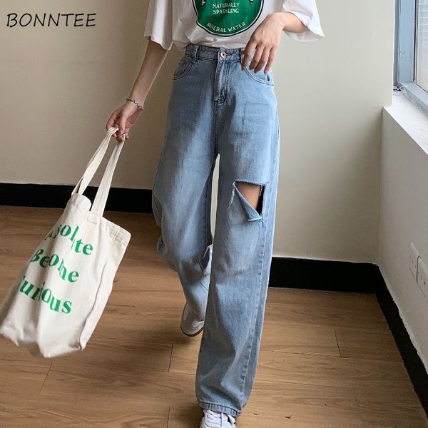 

straight jeans women simple chic holes design high waist loose ladies trouser popular classic vintage denim girls trendy, Blue