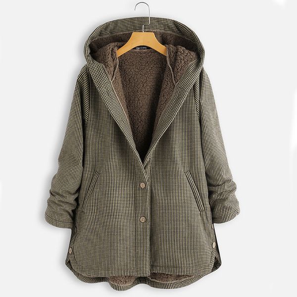 

thick winter women coats vintage plaid long sleeve warm thick solid outwear button hooded outwearcoat ladies, Black