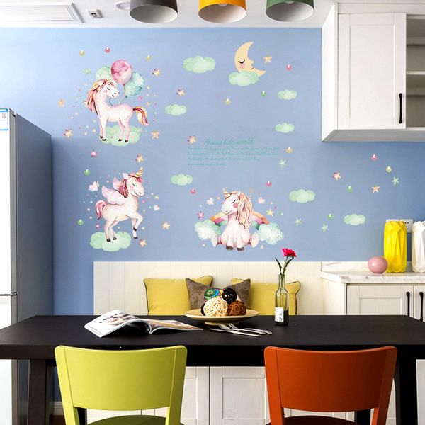 Dreamy Pink Pony Beautiful Unicorn Cartoon Wall Stickers Clouds