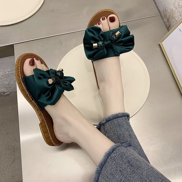 

shoes woman 2020 slippers flat slides low butterfly-knot slipers women rubber soft new fashion pu basic rubber, Black