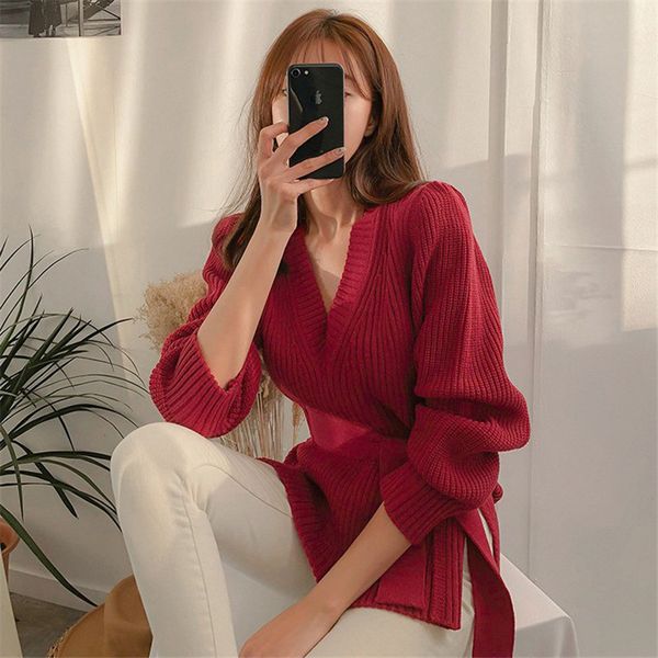 

women's winter sweater v-neck strap split solid color 2019 autumn fashion street shoot elegant red large size knit sweater, White;black