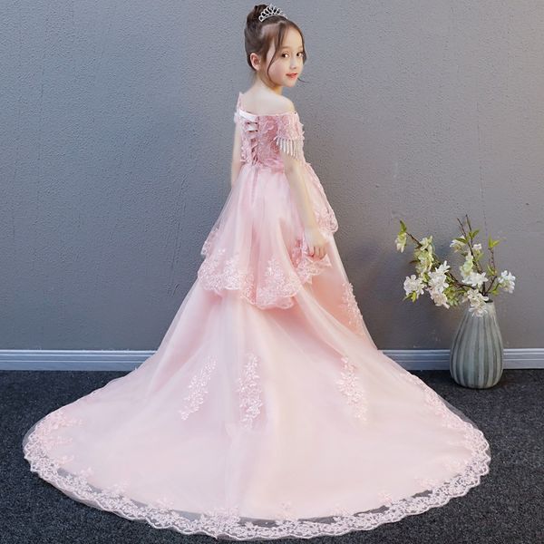 

princess white lace flower girl dresses for wedding 2020 sheer cap sleeves first communion birthday party dresses tassel girls pageant dress, White;red