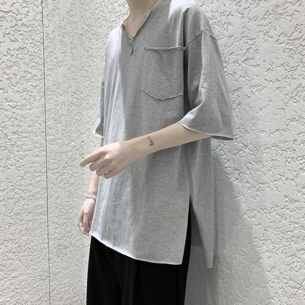 

летняя хлопковая футболка мужская мода сплошной цвет v-образным вырезом футболка мужская уличная дикая свободная футболка с короткими рукава, White;black