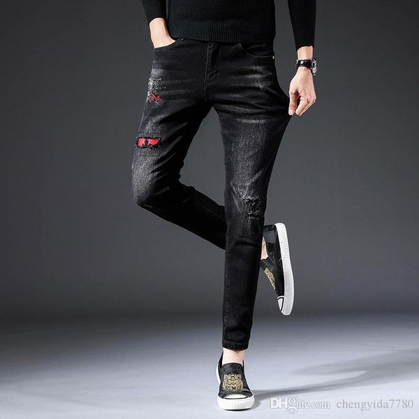 

2020 черные джинсы сыпется патч патч тощий мужчины тонкий свободного покроя джинсы дизайнер брюки карандаш брюки джинсы весна лето брюки, Blue