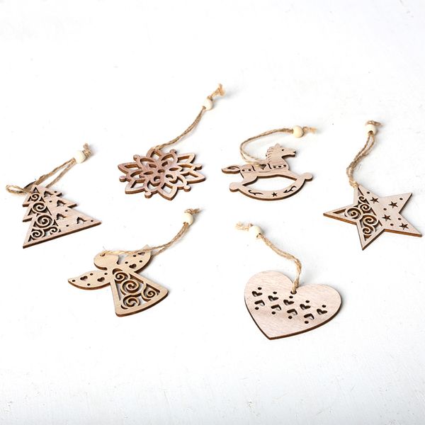 

6 pcs european hollow christmas wooden pendants snowflakes ornaments party decorations kids gift with a mini xmas pine tree