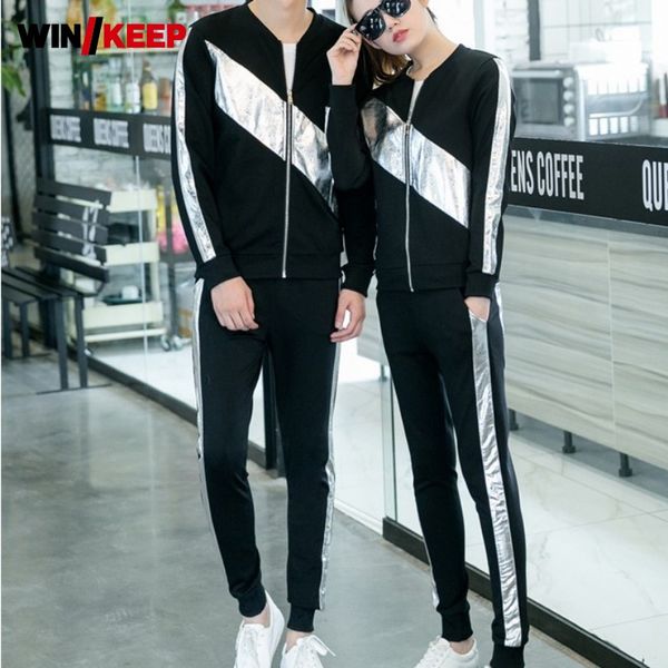 

spring autumn men casual sportswear suit fashion long sleeve zipper jacket striped elastic waist pants two piece set, Black;blue