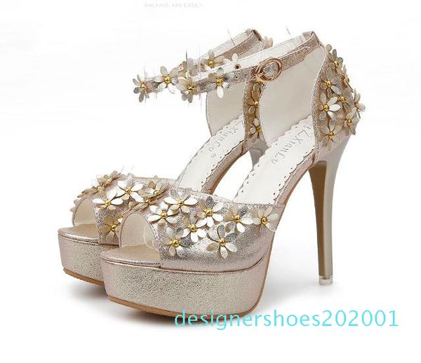 

elegant flower bride wedding shoes high heel ankle strap platform pumps gold silver size 34 to 39 01d, Black