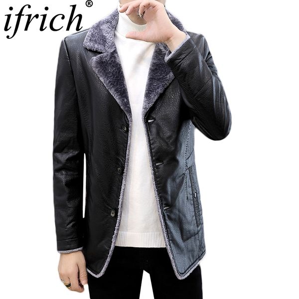 

mens winter coats fur leather jacket mens thicken suede leather casual slim jackets men faux fur thick warm long section jacket, Black