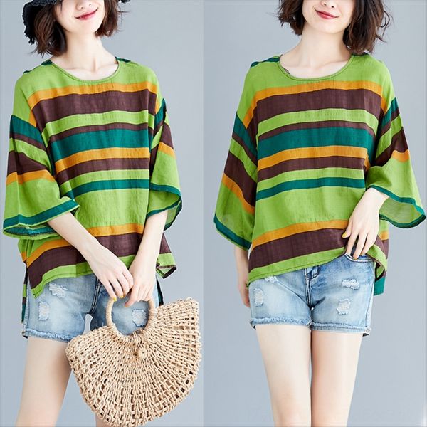 

fat mm large size women's wear 2020 plus fat large round collar short t-shirt cotton linen sleeve cotton linen t-shirt striped top, White