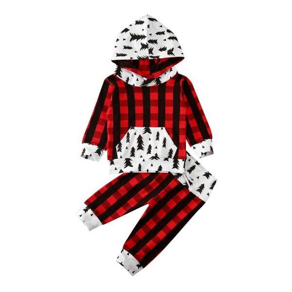 

xmas 0-24m infant baby boy girl clothes sets plaid checks outfits hoodies shirt long pants clothes, White