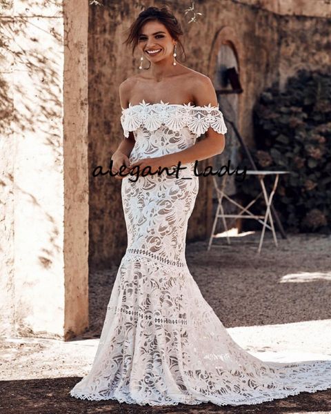 

2020 bohemia mermaid wedding dress off the shoulder boat neck vestido de noiva vintage champagne boho wedding gowns, White