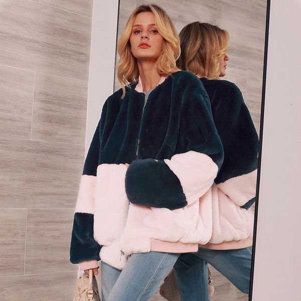 

fashion contrast color faux fur coat female pink blue patchwork autumn winter zipper jacket casual o-neck loose coats outwear, Black