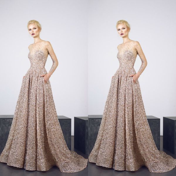 

luxury gold prom dresses 2019 sheer neck long sleeves crystal sequins evening gowns sweep train cocktail party dresses custom made, Black