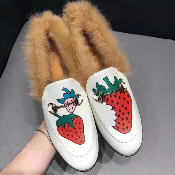 

brand new designer women mens rabbit fur loafers soft furs flats with horsebit buckle with embroidered bees and stars big size eur34-46 t01, Black