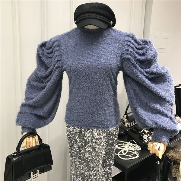 

personality design bubble sleeve sweater women autumn winter slim mohair sweater temperament sweaters ladies jumper pull, White;black