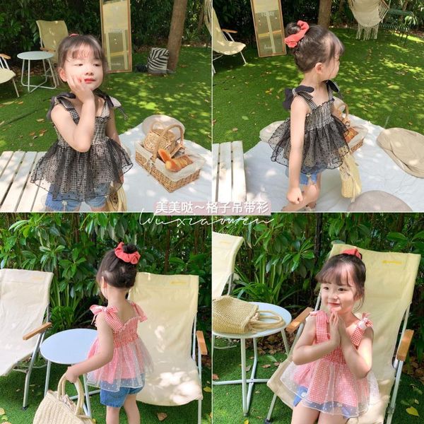 

baby girls sleeveless lattice halter 2020 summer new children kids fashion lace with bow tie vest cotton clothes for toddler, Blue